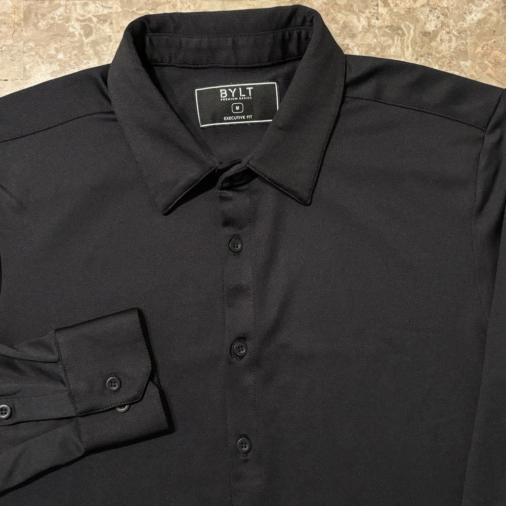 BYLT Shirt Mens Medium Black Executive Fit Long Sleeve Button Office Performance